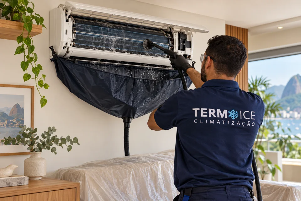 Cena de manutenção com técnico e uniforme da Termo Ice
