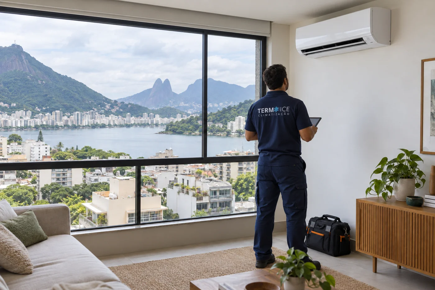 Cena ilustrativa de técnico da Termo Ice de costas, conferindo um ar-condicionado, com vista da Lagoa no Rio de Janeiro