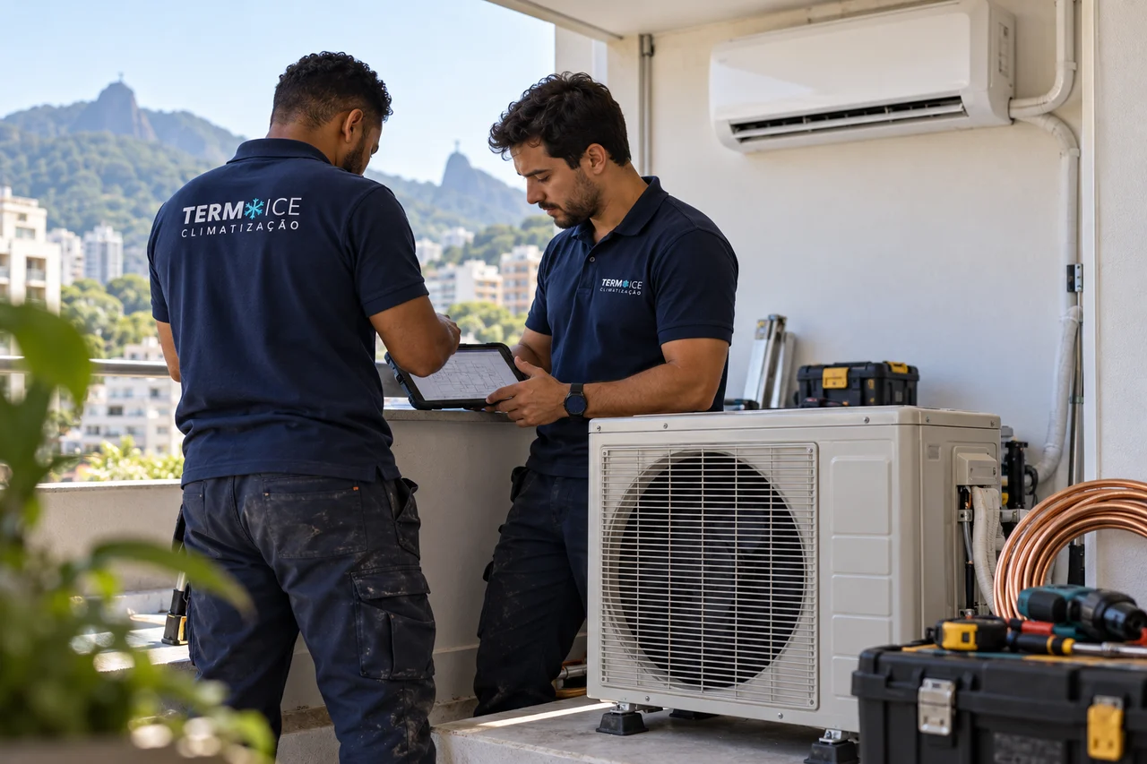 Cena criada para a Termo Ice: dois profissionais alinhando uma instalação no Rio de Janeiro.